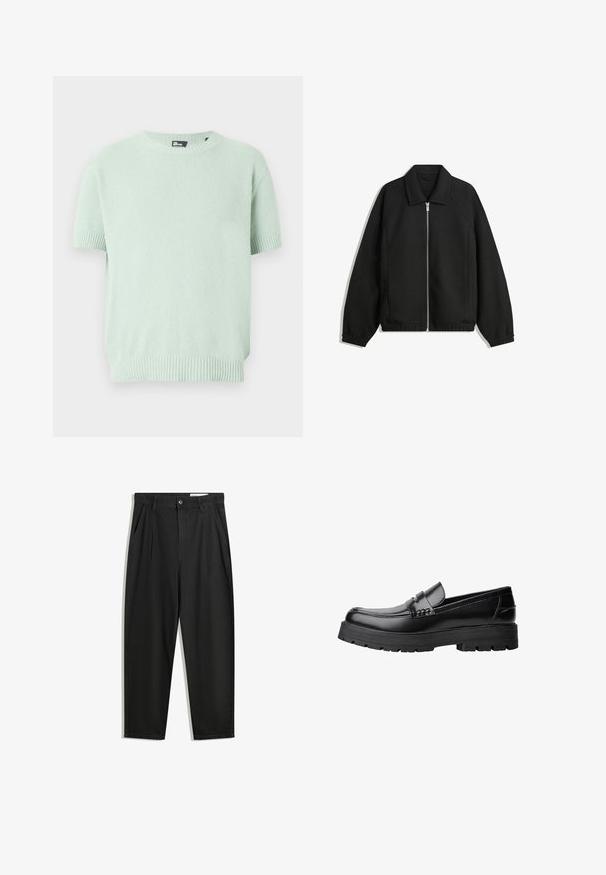 Černá bunda vyrobená z texturované látky, s plným předním zipem, límcem a elastickými manžetami, s volným střihem a bočními kapsami.; Světlounce zelený krátký rukáv pletený svetr s žebrovanými manžetami, lemem a kulatým výstřihem, vyrobený z texturované látky.; Černé bavlněné kalhoty s uvolněným střihem, klasickým pasem, předními záhyby a bočními kapsami. Hladká textura bez vzorů.; Černé kožené mokasíny s masivní podrážkou a dekoračním páskem přes horní část, zobrazené v levém bočním profilu na bílém pozadí.