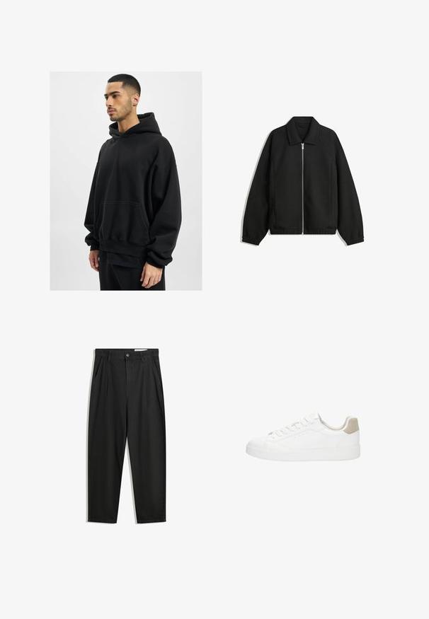 Giacca nera in tessuto texturizzato, con zip frontale a tutta lunghezza, colletto e polsini elasticizzati, dalla vestibilità rilassata e con tasche laterali.; DEF HERREN - Felpa con cappuccio - black washed; Pantaloni in cotone neri con una vestibilità rilassata, dotati di una vita classica, pieghe frontali e tasche laterali. Tessuto liscio senza fantasie.; Sneakers bianchi con tomaia in pelle liscia e punta rotonda. Presentano un cappuccio sul tallone in suede beige, lacci piatti e una suola in gomma bianca.