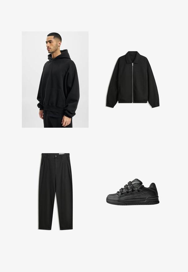 Sort jakke lavet af struktureret stof, med fuld frontlynlås, krave og elastiske mansjetter, i en afslappet pasform og sidelommer.; DEF HERREN - Hættetrøje - black washed; Sorte bomuldsbukser med en afslappet pasform, der har en klassisk talje, frontfolder og sidelommer. Glat tekstur uden mønstre.; Sorte sneakers med en glat læderoverdel, teksturerede accenter og runde sorte og hvide snørebånd. Tyk gummisål med et mønstret slidbanemønster.