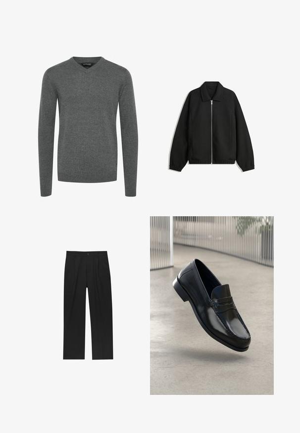 Sort jakke lavet af struktureret stof, med fuld frontlynlås, krave og elastiske mansjetter, i en afslappet pasform og sidelommer.; Grå V-hals sweater med lange ærmer, lavet af et glat strikstof. Har ribbede manchetter og kant, minimalistisk design, ingen mønstre eller udsmykninger.; Sorte bukser med lige ben, lavet af et glat stof. Har frontfolder og en enkelt knaplukning i taljen.; Sorte læder loafers med en glat finish, rundet tå, dekorative syninger og en let forhøjet ydersål.