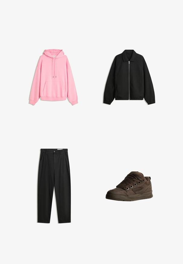 Zwarte jas van textuurstof, met een volledige rits aan de voorkant, een kraag, elastische manchetten, een ontspannen pasvorm en zijzakken.; Rozetrui met een voorzak, trekkoordcapuchon en een relaxed fit. Gemaakt van zachte stof met ribgebreide boorden en zoom. Minimalistisch ontwerp.; Zwarte katoenen broeken met een losse pasvorm, voorzien van een klassieke tailleband, voorplooien en zijzakken. Gladde structuur zonder patronen.; Bruine sportieve schoenen gemaakt van glad synthetisch materiaal. Bevat dikke veters, mesh-accenten, een gevoerde kraag en een gestructureerde rubberen zool.