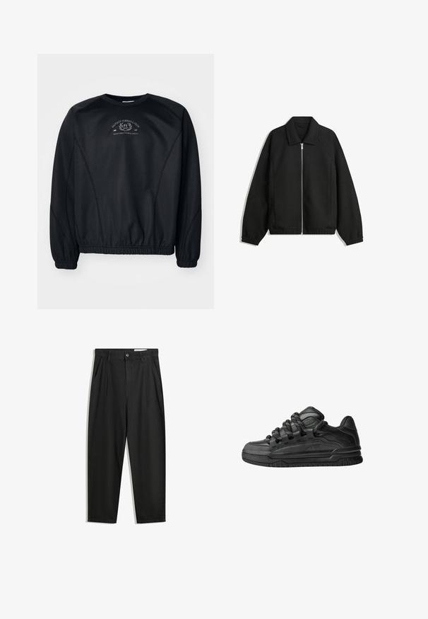 Czarna kurtka z teksturowanej tkaniny, z pełnym zamkiem z przodu, kołnierzem i elastycznymi mankietami, o luźnym kroju i kieszeniach po bokach.; Czarny sweatshirt z okrągłym dekoltem, ściągaczami na rękawach i u dołu. Posiada subtelny nadruk graficzny na klatce piersiowej oraz gładką, lekko fakturowaną tkaninę.; Czarne bawełniane spodnie o luźnym kroju, z klasycznym pasem, przednimi plisy oraz bocznymi kieszeniami. Gładka struktura, bez wzorów.; Czarne sneakersy z gładką skórzaną cholewką, teksturowanymi akcentami i okrągłymi czarno-białymi sznurowadłami. Gruba gumowa podeszwa z wzorzystym bieżnikiem.