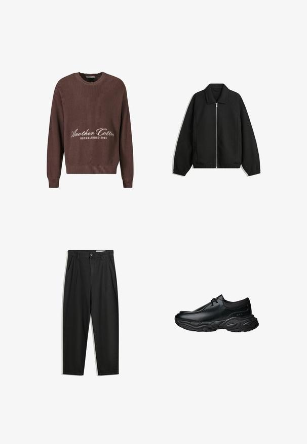 Schwarze Jacke aus strukturiertem Stoff, mit vollem Reißverschluss auf der Vorderseite, Kragen und elastischen Manschetten, im entspannten Schnitt und mit seitlichen Taschen.; Brauner Rippstrickpullover mit Rundhalsausschnitt. Mit weißem "Another Cotton Established 2023"-Text auf der Vorderseite und gerippten Bündchen.; Schwarze Baumwollhose mit lockerem Schnitt, ausgestattet mit einem klassischen Bund, vorderen Falten und Seiten taschen. Glatte Textur ohne Muster.; Schwarze Leder-Slipper mit runder Spitze und dicker, strukturiertem Gummisohle. Besitzt dezente Nähte und elastische Akzente am Schaft.
