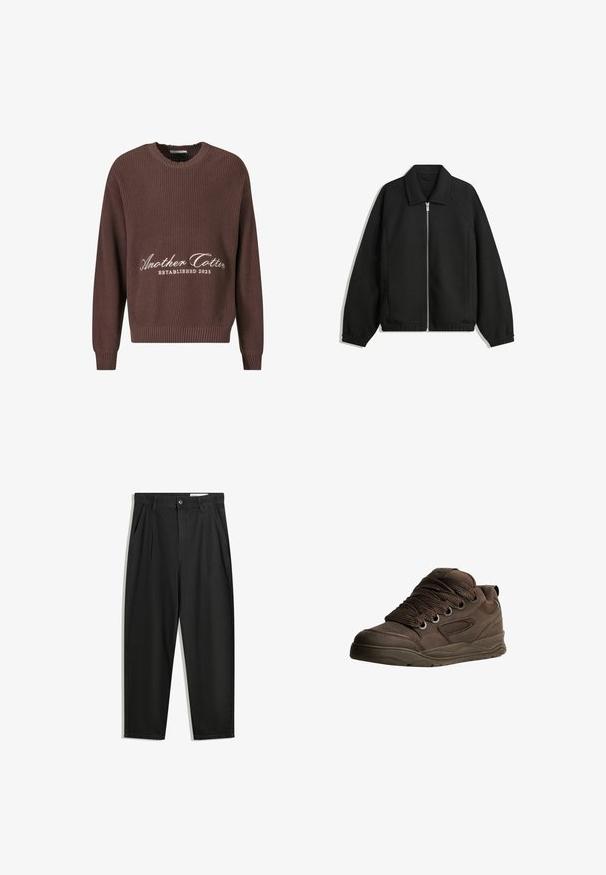 Jachetă neagră dintr-un material texturat, cu fermoar frontal complet, guler și manșete elastice, având o croială lejeră și buzunare laterale.; Pulover tricotat în dungi maro, cu guler rotund. Prezintă text alb "Another Cotton Established 2023" pe partea din față și manșete tricotate.; Pantaloni negri din bumbac cu croială lejeră, având un brâu clasic, plii frontale și buzunare laterale. Textură netedă fără modele.; Pantofi sport maro din material sintetic neted. Prezintă șireturi groase, accente din plasă, guler căptușit și talpă din cauciuc texturat.