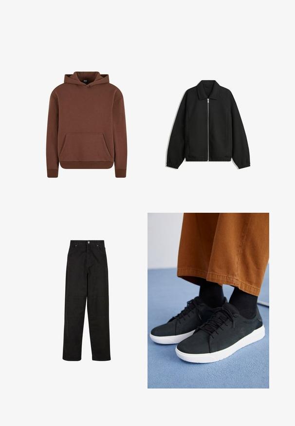Fekete kabát texturált anyagból, teljes elöl cipzárral, gallérral és rugalmas mandzsettákkal, laza szabással és oldalsó zsebekkel.; Barna kapucnis pulóver, puha anyagból készült, kenguruzsebes, bordás mandzsettákkal, és laza szabású dizájnnal.; Fekete, bő szárú pamut nadrág sima textúrával, két elülső zsebbel, gombos záródással és egyenes szabással.; Fekete velúrbőr sneaker fehér gumitalppal, fűzős dizájnnal, texturált részletekkel és diszkrét márkázással, barna nadrággal párosítva.