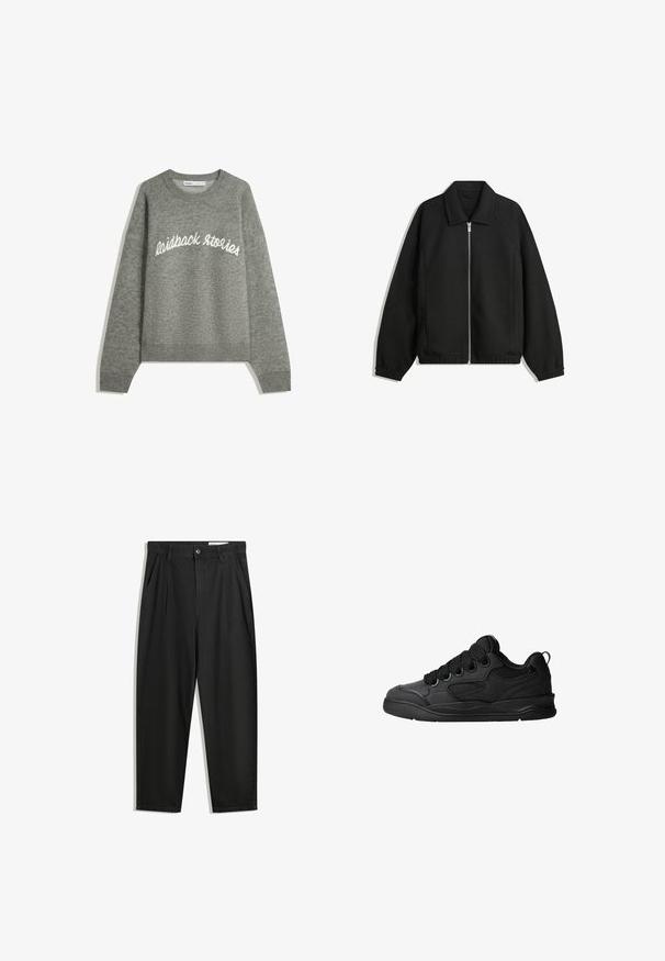 Jachetă neagră dintr-un material texturat, cu fermoar frontal complet, guler și manșete elastice, având o croială lejeră și buzunare laterale.; Pulover gri tricotat cu guler rotund, având text brodat alb "laidback stories" pe piept, manșete și tiv cu model canelat.; Pantaloni negri din bumbac cu croială lejeră, având un brâu clasic, plii frontale și buzunare laterale. Textură netedă fără modele.; Adidași negri cu un lateral texturat, având șireturi, accente din plasă pentru respirabilitate, guler căptușit și o talpă rezistentă.