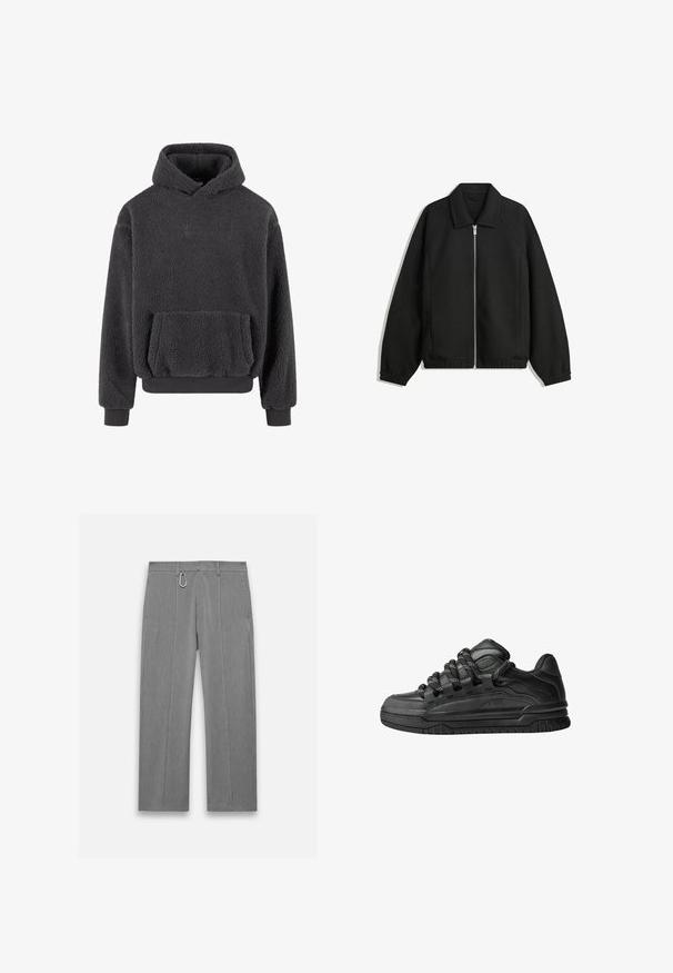 Svart jacka i strukturerad tyg, med full dragkedja framtill, krage och elastiska muddar, med en avslappnad passform och sidofickor.; Fleecejacka i mörkgrått med en texturerad yta, en känguruficka och ribbade ärmslut och nederkant. Har en liten logo på bröstet.; Grå skräddarsydda byxor med en strukturerad yta. Har en frontdragkedja, sidofickor och en silveraccent. Rakt ben-design.; Svarta sneakers med ovandel i slät läder, texturerade detaljer och runda svarta och vita snören. Tjock gummisula med ett mönstrat mönster.