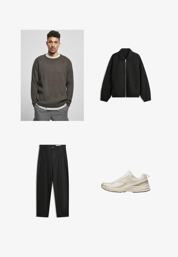 Črna jakna iz teksturirane tkanine, z dvostranskim zadrgo spredaj, ovratnikom in elastičnimi manšeti, sproščenega kroja in stranskimi žepi.; Temno rjav rebrast pulover z okroglim izrezom in raglan rokavi, preoblečen preko bele srajce. Tekstura izgleda mehka in udobna.; Črne bombažne hlače s sproščenim krojem, ki vključujejo klasičen pas, sprednje gube in stranske žepke. Gladka tekstura brez vzorcev.; Bele športne čevlje iz mrežastega in sintetičnega materiala, z zaobljenim prstom, oblazinjeno podplatom in bež poudarki na straneh.