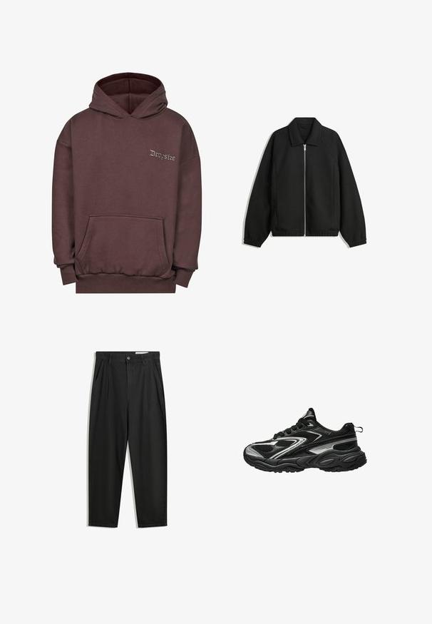 Sort jakke lavet af struktureret stof, med fuld frontlynlås, krave og elastiske mansjetter, i en afslappet pasform og sidelommer.; Brun hættetrøje lavet af blødt stof, med en frontlomme, ribbede manchetter og hætte med snøring. "Dropsize" broderet i grå på brystet.; Sorte bomuldsbukser med en afslappet pasform, der har en klassisk talje, frontfolder og sidelommer. Glat tekstur uden mønstre.; Sorte og sølv atletiske sneakers med en tekstureret mesh-overdel, strømlinet design og polstret sål. Har snørebånd og en bageste løfteløkke.