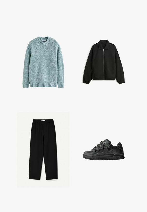 Zwarte jas van textuurstof, met een volledige rits aan de voorkant, een kraag, elastische manchetten, een ontspannen pasvorm en zijzakken.; Lichtblauw gebreid trui met ronde hals, ribbelmanchetten en zoom. Gemaakt van gestructureerd garen, met een comfortabele uitstraling geschikt voor casual gebruik.; Zwarte, wijde broek van een lichtgewicht stof. Voorzien van een elastische tailleband en een soepele textuur. Geen zichtbare patronen of hardware.; Zwarte sneakers met een glad leren bovenwerk, gearceerde accenten en ronde zwart-witte veters. Dikke rubberen zool met een geprofileerd loopvlak.