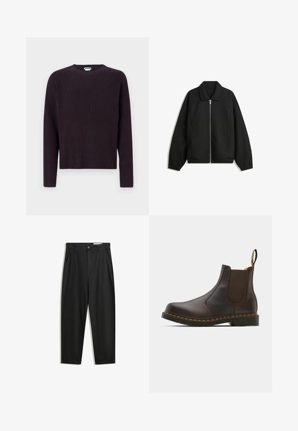 Črna jakna iz teksturirane tkanine, z dvostranskim zadrgo spredaj, ovratnikom in elastičnimi manšeti, sproščenega kroja in stranskimi žepi.; Temno vijolična rebrasta pletena majica z okroglo ovratnikom in dolgimi rokavi, ki ima ohlapno prileganje in teksturirano tkanino.; Črne bombažne hlače s sproščenim krojem, ki vključujejo klasičen pas, sprednje gube in stranske žepke. Gladka tekstura brez vzorcev.; Rjava usnjena Chelsea čevlja z elastičnimi stranskimi ploščami, teksturiranim peti in kontrastnim rumenim šivom. Ima zanko za enostavno obuvanje.
