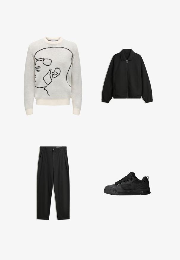 Čierna bunda vyrobená z textúrovaného materiálu, s plným predným zipsom, golierom a elastickými manžetami, so voľnejším strihom a bočnými vreckami.; Biely pletený sveter s čiernobielym grafickým návrhom zobrazenia profilu. Má okrúhly výstrih a rebrované manžety a lem. Mäkká textúra.; Čierne bavlnené nohavice s voľným strihom, s klasickým pásom, prednými záhybmi a bočnými vreckami. Hladká textúra bez vzorov.; Čierne tenisky s textúrovaným zvrškom, s šnúrkami, sieťovinovými akcentmi pre priedušnosť, polstrovaným golierom a pevnou podošvou.