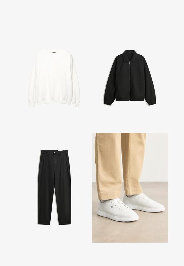 Zwarte jas van textuurstof, met een volledige rits aan de voorkant, een kraag, elastische manchetten, een ontspannen pasvorm en zijzakken.; Witte sweatshirt, ronde hals, lange mouwen, relaxte pasvorm. Zachte stof met ribbelmanchetten en -zoom. Minimalistisch ontwerp, geen zichtbare logo's of patronen.; Zwarte katoenen broeken met een losse pasvorm, voorzien van een klassieke tailleband, voorplooien en zijzakken. Gladde structuur zonder patronen.; Witte leren sneakers met een gladde afwerking, voorzien van een ronde neus, vlechtontwerp en subtiele logo-detail aan de zijkant, gecombineerd met beige broek.