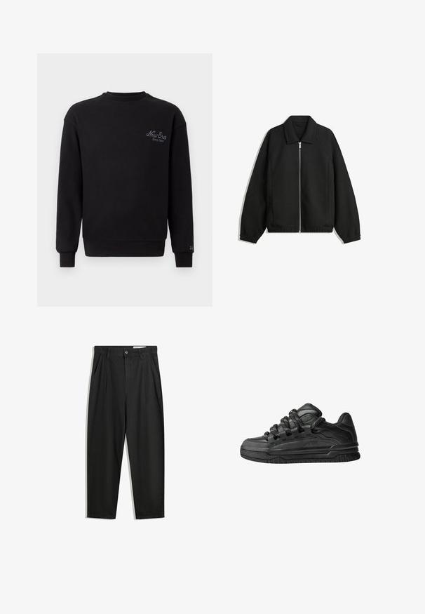 Čierna bunda vyrobená z textúrovaného materiálu, s plným predným zipsom, golierom a elastickými manžetami, so voľnejším strihom a bočnými vreckami.; Čierna mikina s dlhými rukávmi a rebrovanou textúrou. Má okrúhly výstrih a vyšívané logo "New Era" na ľavej hrudi.; Čierne bavlnené nohavice s voľným strihom, s klasickým pásom, prednými záhybmi a bočnými vreckami. Hladká textúra bez vzorov.; Čierne tenisky s hladkým koženým zvrškom, štruktúrovanými akcentami a okrúhlymi čierno-bielymi šnúrkami. Hrubá gumená podrážka s vzorovaným dezénom.