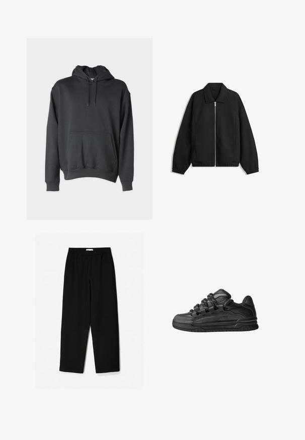 Jachetă neagră dintr-un material texturat, cu fermoar frontal complet, guler și manșete elastice, având o croială lejeră și buzunare laterale.; Hanorac gri închis, confecționat dintr-un material moale, având o buzunar frontal, șnururi la glugă și manșete și tiv cu dublu răsucit.; Pantaloni negri, largi, confecționați dintr-un material ușor. Au o talie elastică și o textură netedă. Fără modele vizibile sau accesorii metalice.; Adidași negri cu o parte superioară din piele netedă, accente texturate și șireturi rotunde negre și albe. Talpă groasă din cauciuc cu un profil texturat.