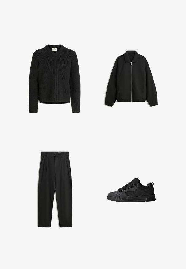 Schwarze Jacke aus strukturiertem Stoff, mit vollem Reißverschluss auf der Vorderseite, Kragen und elastischen Manschetten, im entspannten Schnitt und mit seitlichen Taschen.; Schwarzer Strickpullover mit V-Ausschnitt, gerippter Textur, langen Ärmeln und geradem Saum. Hergestellt aus einem weichen, dicken Material.; Schwarze Baumwollhose mit lockerem Schnitt, ausgestattet mit einem klassischen Bund, vorderen Falten und Seiten taschen. Glatte Textur ohne Muster.; Schwarze Sneaker mit strukturiertem Obermaterial, ausgestattet mit Schnürsenkeln, Mesh-Akzenten für Atmungsaktivität, gepolstertem Kragen und einer stabilen Laufsohle.