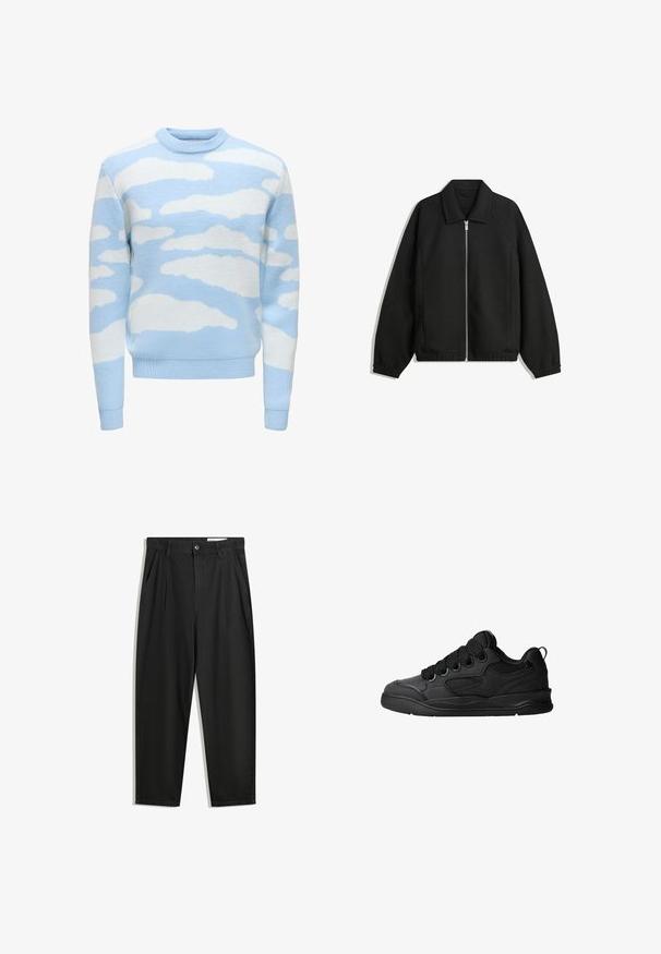 Črna jakna iz teksturirane tkanine, z dvostranskim zadrgo spredaj, ovratnikom in elastičnimi manšeti, sproščenega kroja in stranskimi žepi.; Svetlo modra pulover s strukturiranim pletenjem in belim vzorcem oblakov. Okrogla izreza in rebrasti manšeti ter rob.; Črne bombažne hlače s sproščenim krojem, ki vključujejo klasičen pas, sprednje gube in stranske žepke. Gladka tekstura brez vzorcev.; Črne superge z teksturiranim zgornjim delom, opremljene z vezalkami, mrežastimi dodatki za zračnost, oblazinjenim ovratnikom in trdnim podplatom.