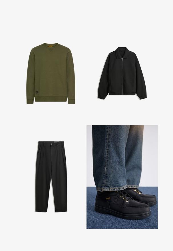 Schwarze Jacke aus strukturiertem Stoff, mit vollem Reißverschluss auf der Vorderseite, Kragen und elastischen Manschetten, im entspannten Schnitt und mit seitlichen Taschen.; Langärmliger olivgrüner Rundhalsausschnitt-Pullover mit gerippten Bündchen und Saum, kleiner schwarzer Markenpatch nahe dem Saum und Logopatch am linken Ärmel.; Schwarze Baumwollhose mit lockerem Schnitt, ausgestattet mit einem klassischen Bund, vorderen Falten und Seiten taschen. Glatte Textur ohne Muster.; Schwarze Lederschuhe mit goldenen Ösen und strukturiertem Finish, kombiniert mit blauen Jeans. Die Schuhe haben eine geschichtete Sohle und ein Branddetail.