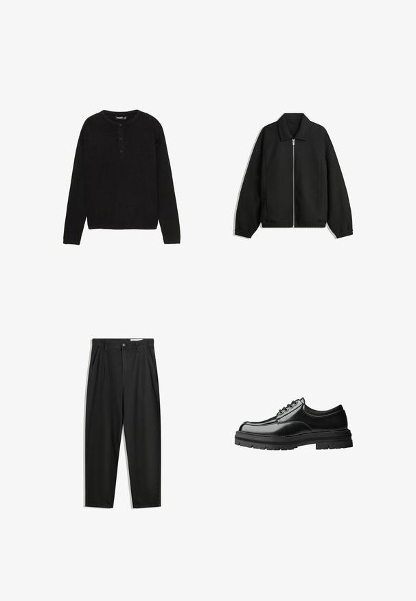 Schwarze Jacke aus strukturiertem Stoff, mit vollem Reißverschluss auf der Vorderseite, Kragen und elastischen Manschetten, im entspannten Schnitt und mit seitlichen Taschen.; Schwarzer Langarmpullover aus geripptem Stoff, mit Rundhalsausschnitt und einer Knopfleiste vorne mit drei Knöpfen.; Schwarze Baumwollhose mit lockerem Schnitt, ausgestattet mit einem klassischen Bund, vorderen Falten und Seiten taschen. Glatte Textur ohne Muster.; Schwarzes Leder-Schuhwerk mit glatter Oberfläche, runder Spitze, sechslöchrigem Schnürdesign und dickem, strukturiertem Gummisohle.