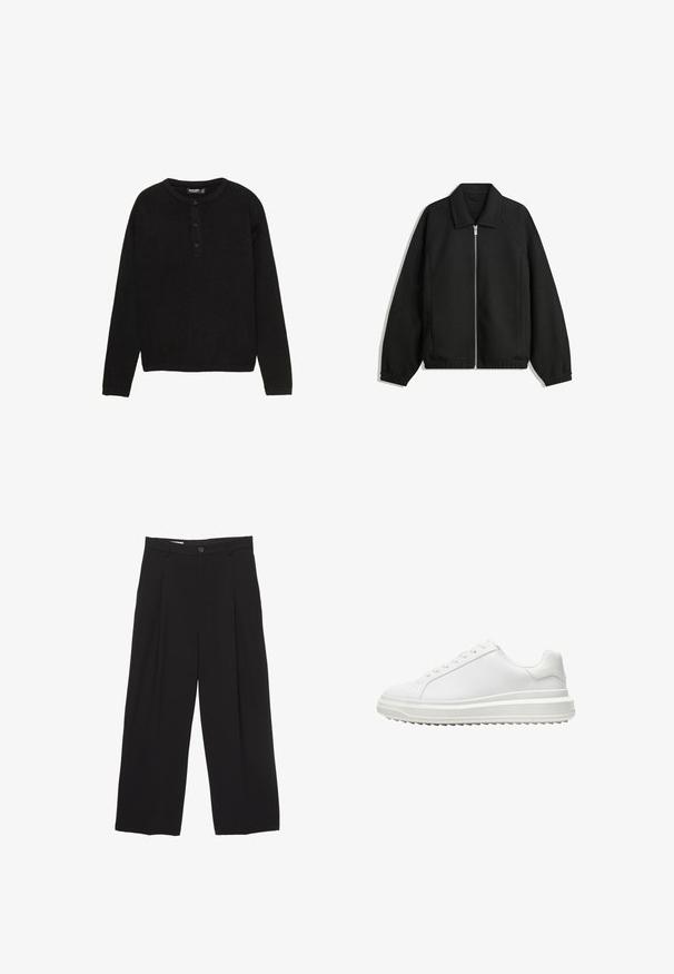 Musta takki, joka on valmistettu teksturoidusta kankaasta ja jossa on koko etuvetoketju, kaulus ja joustavat hihansuut. Takissa on rento istuvuus ja sivutaskut.; Musta pitkähiha sweater ribbid-kankaasta, jossa on pyöreä kaula-aukko ja napitus edessä, jossa on kolme nappia.; Mustat väljät housut, jotka on valmistettu sileästä kankaasta ja joissa on litteä vyötärö, etupleaatit ja yksi nappisulku.; Valkoiset kengät, joissa on sileä synteettinen päällinen, pyöreä kärki, litteät nauhat, kuvioitu pohja ja kerroksellinen, platform-mallinen muotoilu lisäkorotusta varten.