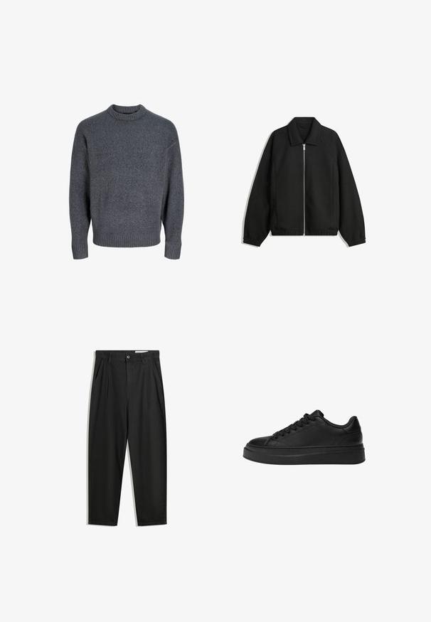 Schwarze Jacke aus strukturiertem Stoff, mit vollem Reißverschluss auf der Vorderseite, Kragen und elastischen Manschetten, im entspannten Schnitt und mit seitlichen Taschen.; Grauer Pullover aus weichem Stoff, mit einem gerippten Rundhalsausschnitt und Bündchen, einfachem, klassischem Design und strukturierten Oberfläche.; Schwarze Baumwollhose mit lockerem Schnitt, ausgestattet mit einem klassischen Bund, vorderen Falten und Seiten taschen. Glatte Textur ohne Muster.; Schwarzer Sneaker aus glattem Leder, mit runder Zehenpartie, dicker Plattformsohle und traditionellem Schnürdesign mit sechs Ösen.