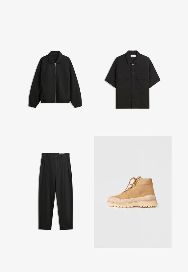 Musta takki, joka on valmistettu teksturoidusta kankaasta ja jossa on koko etuvetoketju, kaulus ja joustavat hihansuut. Takissa on rento istuvuus ja sivutaskut.; Lyhythihainen musta paita, joka on valmistettu sileästä kankaasta, jossa on kaksi etutaskua, klassinen kaulus ja napitus.; Mustat puuvillahousut rentoa mallia, joissa on klassinen vyötärö, etukangastukset ja sivutaskut. Sileä pinta ilman kuvioita.; Vaaleanruskeat nubukkikankaiset korkeavartiset tennarit, joissa on uritettu kumipohja, pyöreä kärki ja metalliset reiät nauhoille; sisältää pehmeän sisävuoren.