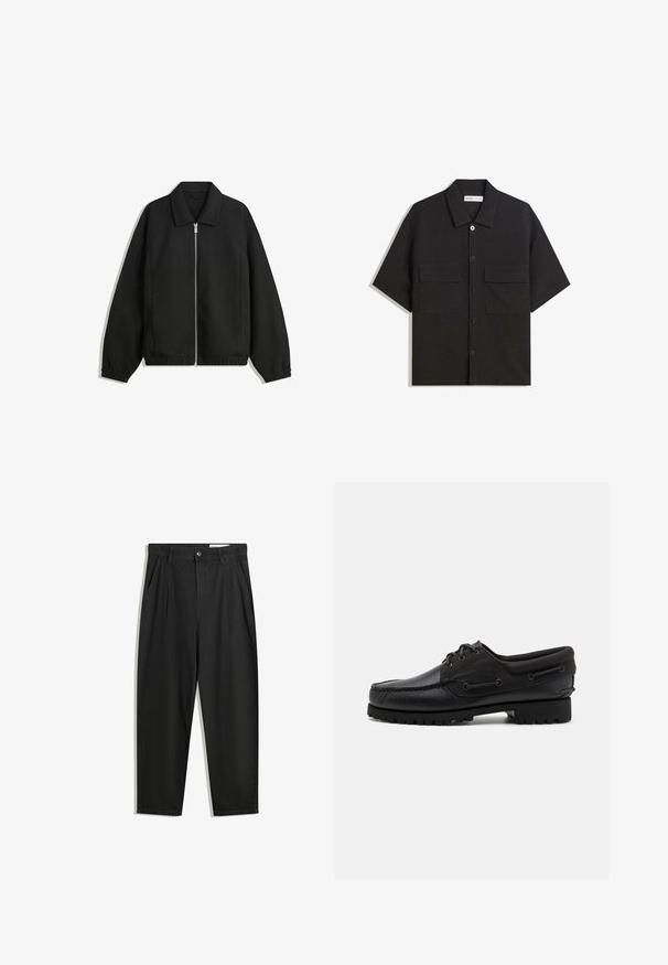 Schwarze Jacke aus strukturiertem Stoff, mit vollem Reißverschluss auf der Vorderseite, Kragen und elastischen Manschetten, im entspannten Schnitt und mit seitlichen Taschen.; Schwarzes kurzärmliges Shirt aus Stoff mit glatter Textur, verfügt über zwei Vorderaschen, einen klassischen Kragen und einen Knopfverschluss.; Schwarze Baumwollhose mit lockerem Schnitt, ausgestattet mit einem klassischen Bund, vorderen Falten und Seiten taschen. Glatte Textur ohne Muster.; Schwarzer Schuh mit einem Obermaterial aus Leder, textilen Akzenten, runden Schnürsenkeln und einer strukturierten Gummisohle. Verfügt über Mokassin-Nähte und eine Markeninschrift.