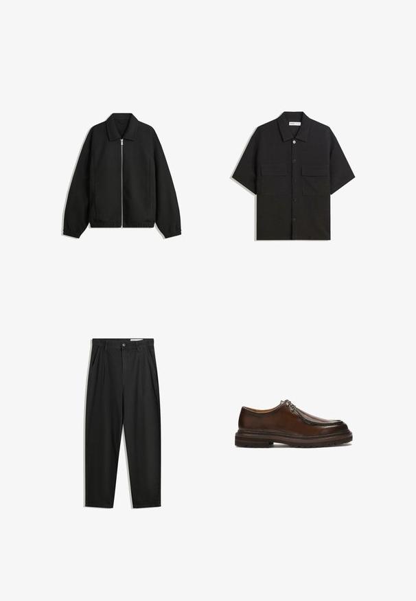 Jachetă neagră dintr-un material texturat, cu fermoar frontal complet, guler și manșete elastice, având o croială lejeră și buzunare laterale.; Cămașă neagră cu mâneci scurte, realizată dintr-un material cu o textură netedă, dotată cu două buzunare frontale, un guler clasic și închidere cu nasturi.; Pantaloni negri din bumbac cu croială lejeră, având un brâu clasic, plii frontale și buzunare laterale. Textură netedă fără modele.; Sandalie din piele maro cu vârful rotunjit, accente cusute și o talpă groasă cu textură pentru aderență. Design cu șireturi.
