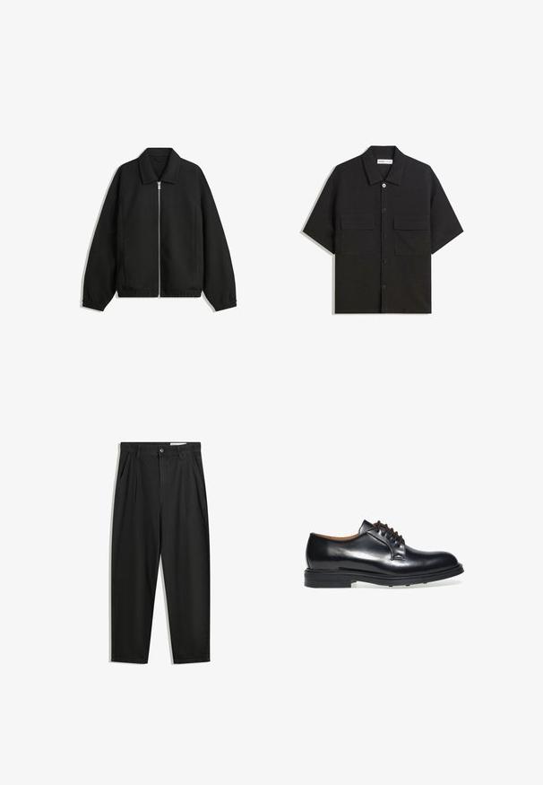 Giacca nera in tessuto texturizzato, con zip frontale a tutta lunghezza, colletto e polsini elasticizzati, dalla vestibilità rilassata e con tasche laterali.; Camicetta nera a maniche corte realizzata in tessuto con una trama liscia, presenta due tasche frontali, un colletto classico e chiusura con bottoni.; Pantaloni in cotone neri con una vestibilità rilassata, dotati di una vita classica, pieghe frontali e tasche laterali. Tessuto liscio senza fantasie.; Frau Shoes DERBY - Stringate eleganti - black
