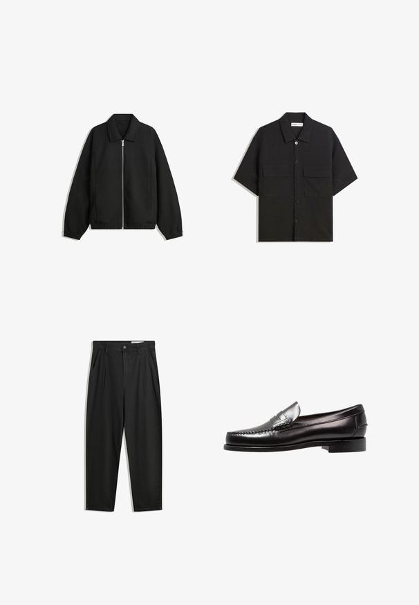 Giacca nera in tessuto texturizzato, con zip frontale a tutta lunghezza, colletto e polsini elasticizzati, dalla vestibilità rilassata e con tasche laterali.; Camicetta nera a maniche corte realizzata in tessuto con una trama liscia, presenta due tasche frontali, un colletto classico e chiusura con bottoni.; Pantaloni in cotone neri con una vestibilità rilassata, dotati di una vita classica, pieghe frontali e tasche laterali. Tessuto liscio senza fantasie.; Mocassino penny in pelle nera con tacco basso, superficie liscia e dettaglio decorativo a punto sul piede. Design classico slip-on.