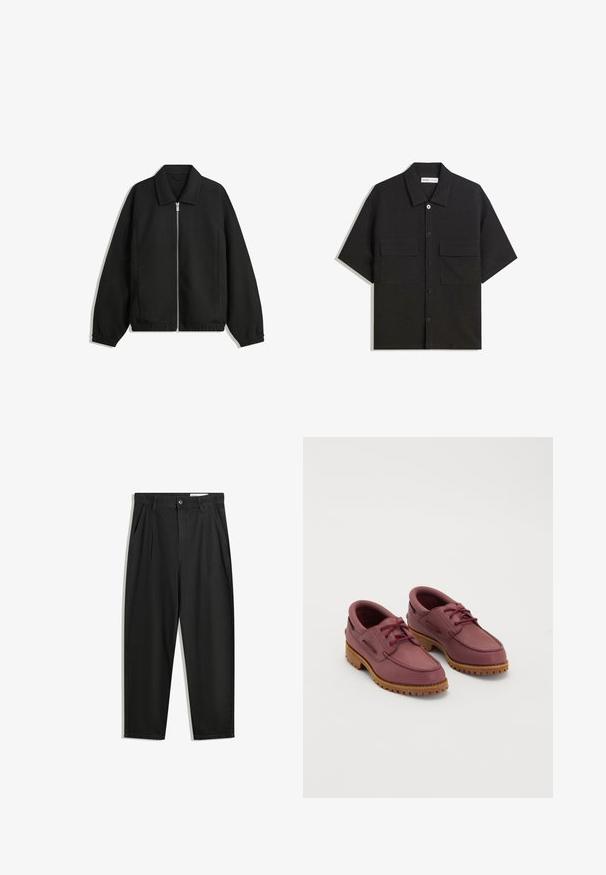 Črna jakna iz teksturirane tkanine, z dvostranskim zadrgo spredaj, ovratnikom in elastičnimi manšeti, sproščenega kroja in stranskimi žepi.; Črna kratkotrajna srajca iz tkanine z gladko teksturo, ima dve sprednji žepki, klasičen ovratnik in zapiranje na gumb.; Črne bombažne hlače s sproščenim krojem, ki vključujejo klasičen pas, sprednje gube in stranske žepke. Gladka tekstura brez vzorcev.; Par dvojih bordo usnjenih čolnarskih čevljev s debelimi bež gumijastimi podplati in rdečimi vezalkami na belem ozadju.