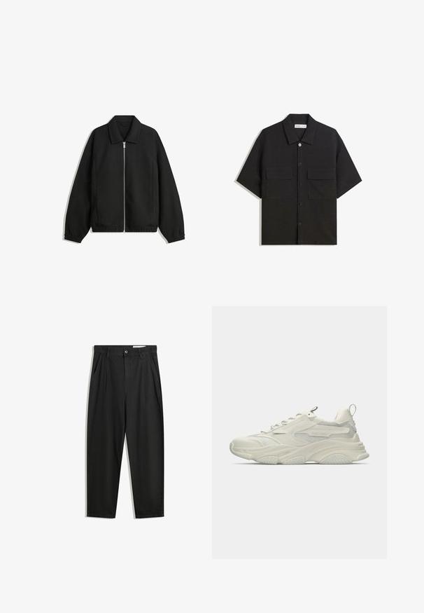 Fekete kabát texturált anyagból, teljes elöl cipzárral, gallérral és rugalmas mandzsettákkal, laza szabással és oldalsó zsebekkel.; Fekete, rövid ujjú ing sima textúrájú anyagból készült, két elülső zsebbel, klasszikus gallérral és gombos záródással.; Fekete pamut nadrág laza szabással, klasszikus derékrésszel, elülső hajtásokkal és oldalsó zsebekkel. Simább textúra minta nélkül.; Tömbös fehér sportcipő hálós betétekkel, texturált gumitalppal és lekerekített formával. Minimális márkajelzéssel és saroknál húzófüllel rendelkezik.