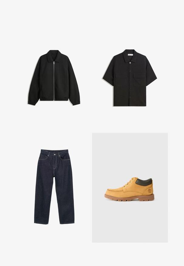 Jachetă neagră dintr-un material texturat, cu fermoar frontal complet, guler și manșete elastice, având o croială lejeră și buzunare laterale.; Cămașă neagră cu mâneci scurte, realizată dintr-un material cu o textură netedă, dotată cu două buzunare frontale, un guler clasic și închidere cu nasturi.; Jeans de denim albastru închis cu o croială confortabilă, prezentând cinci buzunare, cusături galbene contrastante și un sistem de închidere cu nasture în față.; Pantof cu un design din piele galbenă, talpă din cauciuc maro, vârful rotund și detalii din piele verde la glezne. Include gauri pentru șireturi aurii și accente de cusături.