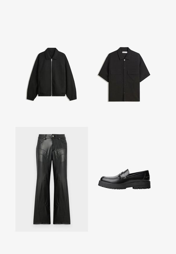 Fekete kabát texturált anyagból, teljes elöl cipzárral, gallérral és rugalmas mandzsettákkal, laza szabással és oldalsó zsebekkel.; Fekete, rövid ujjú ing sima textúrájú anyagból készült, két elülső zsebbel, klasszikus gallérral és gombos záródással.; Fekete, bővülő szabású nadrág, amely műbőrből készült, elülső zsebekkel, látható varázsvarratokkal és ívelt panel részletekkel az oldalakon.; Fekete bőr loaferek vastag, bordázott talppal és díszcsíkkal az upper rész felett, bal oldali profilmódban, fehér háttér előtt.