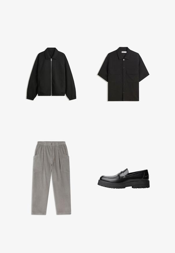 Čierna bunda vyrobená z textúrovaného materiálu, s plným predným zipsom, golierom a elastickými manžetami, so voľnejším strihom a bočnými vreckami.; Čierna polokošeľa s krátkym rukávom vyrobená z látky s hladkou textúrou, má dve predné vrecká, klasický golier a zapínanie na gombíky.; Thinking Mu MAX - Nohavice - light grey; Čierne kožené mokasíny s masívnou podrážkou a dekoratívnym pásom cez hornú časť, zobrazené z ľavého bočného profilu na bielom pozadí.