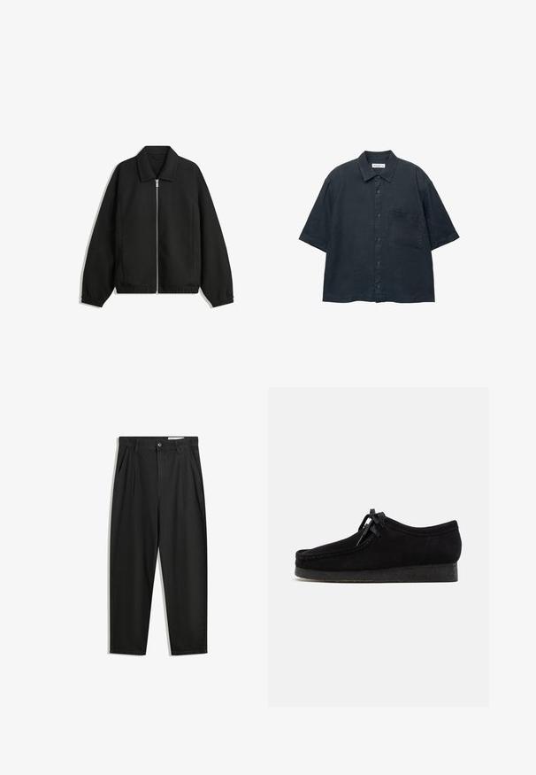 Fekete kabát texturált anyagból, teljes elöl cipzárral, gallérral és rugalmas mandzsettákkal, laza szabással és oldalsó zsebekkel.; Sötétkék, rövid ujjú gombos ing, könnyű anyagból készült, mellzsebbel és klasszikus galléros kialakítással.; Fekete pamut nadrág laza szabással, klasszikus derékrésszel, elülső hajtásokkal és oldalsó zsebekkel. Simább textúra minta nélkül.; Fekete nubuk bőr cipők lekerekített orrvonallal, fűzős elülső résszel és texturált fekete gumitalppal. Simább felsőrész finom varrási részletekkel.