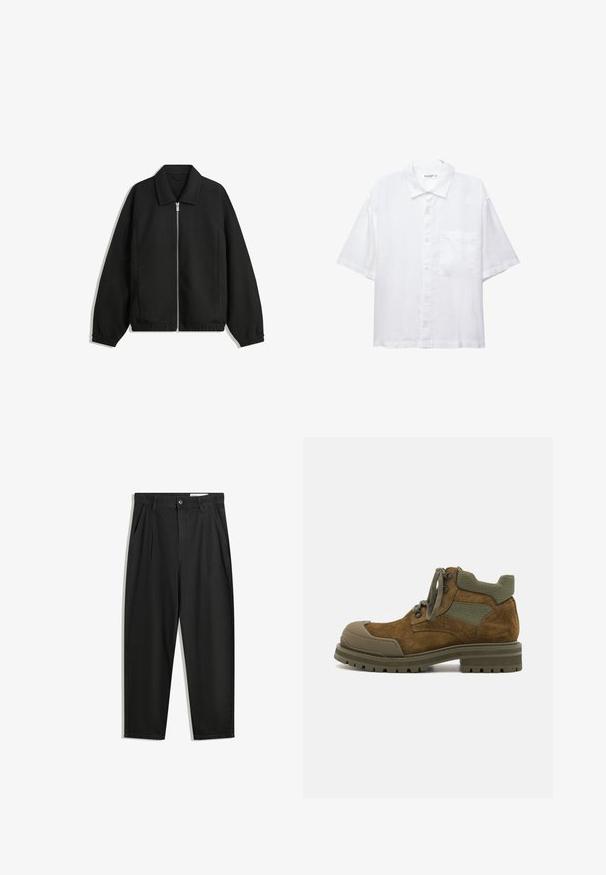 Jachetă neagră dintr-un material texturat, cu fermoar frontal complet, guler și manșete elastice, având o croială lejeră și buzunare laterale.; Cămașă albă cu mânecă scurtă, cu închidere butonată în față, guler și un singur buzunar pe piept. Confecționată dintr-un material ușor, cu o textură netedă.; Pantaloni negri din bumbac cu croială lejeră, având un brâu clasic, plii frontale și buzunare laterale. Textură netedă fără modele.; Cizme negre din suede până la glezna, cu accente din material verde, capac de cauciuc pe vârf, vârf rotund și talpă rezistentă cu bandă de rulare. Design cu șireturi și ochiuri din metal.
