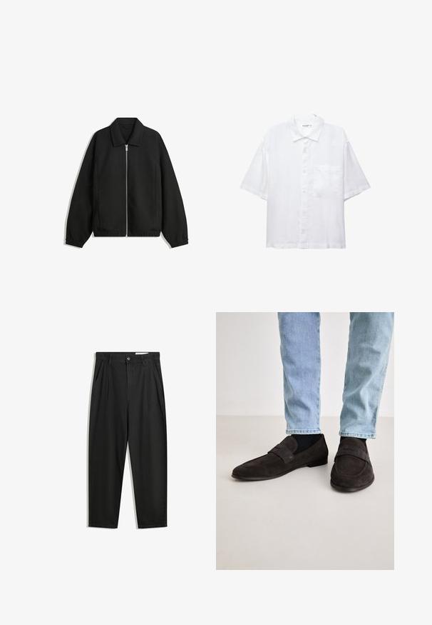 Schwarze Jacke aus strukturiertem Stoff, mit vollem Reißverschluss auf der Vorderseite, Kragen und elastischen Manschetten, im entspannten Schnitt und mit seitlichen Taschen.; Weißes Kurzarmhemd mit Knopfleiste, Kragen und einer Brusttasche. Aus leichtem Stoff mit glatter Textur gefertigt.; Schwarze Baumwollhose mit lockerem Schnitt, ausgestattet mit einem klassischen Bund, vorderen Falten und Seiten taschen. Glatte Textur ohne Muster.; Dunkelbraune Wildleder-Loafer mit flacher Sohle und einem breiten Riemen über dem Oberteil. Getragen mit hellblauen Jeans und schwarzen Socken.