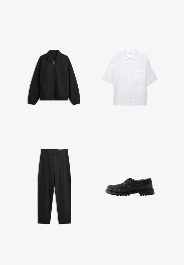Črna jakna iz teksturirane tkanine, z dvostranskim zadrgo spredaj, ovratnikom in elastičnimi manšeti, sproščenega kroja in stranskimi žepi.; Bela kratkosleeve srajca z gumbnim zapiranjem spredaj, ovratnikom in enim žepom na prsih. Narejena je iz lahkega materiala z gladko teksturo.; Črne bombažne hlače s sproščenim krojem, ki vključujejo klasičen pas, sprednje gube in stranske žepke. Gladka tekstura brez vzorcev.; Črne usnjene čolanske čevlje z zaobljenim prstom, vezalnim dizajnom in teksturiranim gumijastim podplatom. Imajo šiveče detajle in kovinske očesce.