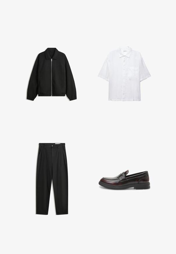 Czarna kurtka z teksturowanej tkaniny, z pełnym zamkiem z przodu, kołnierzem i elastycznymi mankietami, o luźnym kroju i kieszeniach po bokach.; Biała koszula z krótkim rękawem, z zapięciem na guziki z przodu, kołnierzykiem i jedną kieszenią na piersi. Wykonana z lekkiego materiału o gładkiej fakturze.; Czarne bawełniane spodnie o luźnym kroju, z klasycznym pasem, przednimi plisy oraz bocznymi kieszeniami. Gładka struktura, bez wzorów.; Czarne i burgundowe skórzane loafersy o gładkim, błyszczącym wykończeniu. Posiadają wyszywaną czubek i niską czarną gumową podeszwę. Klasyczny design.