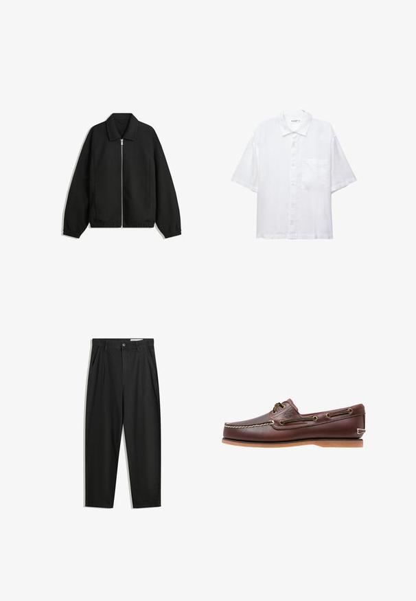 Czarna kurtka z teksturowanej tkaniny, z pełnym zamkiem z przodu, kołnierzem i elastycznymi mankietami, o luźnym kroju i kieszeniach po bokach.; Biała koszula z krótkim rękawem, z zapięciem na guziki z przodu, kołnierzykiem i jedną kieszenią na piersi. Wykonana z lekkiego materiału o gładkiej fakturze.; Czarne bawełniane spodnie o luźnym kroju, z klasycznym pasem, przednimi plisy oraz bocznymi kieszeniami. Gładka struktura, bez wzorów.; Brązowy skórzany but żeglarski z białymi szwami, brązowymi sznurowadłami i beżową gumową podeszwą. Posiada logo z boku i metalowe oczka na sznurowadła.