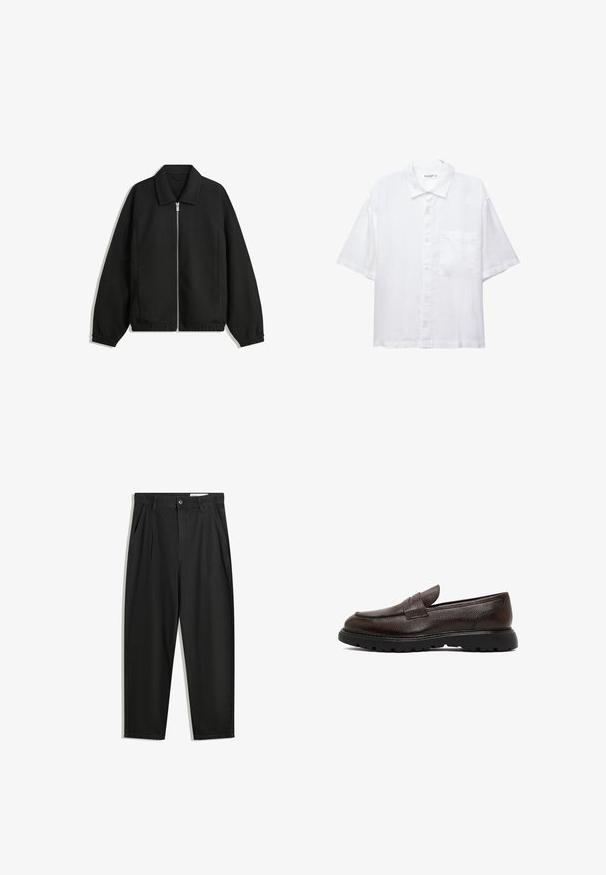 Czarna kurtka z teksturowanej tkaniny, z pełnym zamkiem z przodu, kołnierzem i elastycznymi mankietami, o luźnym kroju i kieszeniach po bokach.; Biała koszula z krótkim rękawem, z zapięciem na guziki z przodu, kołnierzykiem i jedną kieszenią na piersi. Wykonana z lekkiego materiału o gładkiej fakturze.; Czarne bawełniane spodnie o luźnym kroju, z klasycznym pasem, przednimi plisy oraz bocznymi kieszeniami. Gładka struktura, bez wzorów.; Brązowe skórzane mokasyny o teksturowanym wykończeniu, zaokrąglonym nosku i gumowej podeszewce z wzorzystym bieżnikiem. Prosty design bez widocznych elementów metalowych.