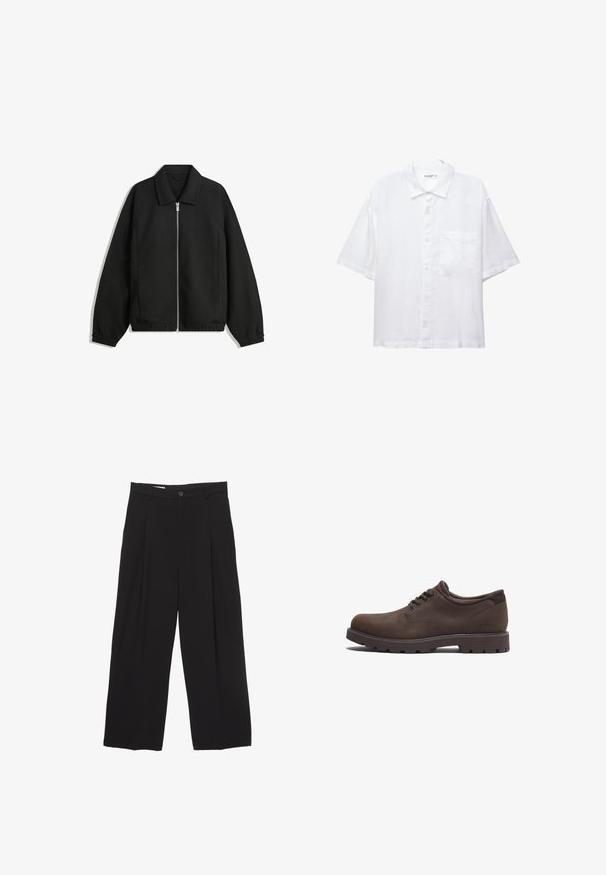 Zwarte jas van textuurstof, met een volledige rits aan de voorkant, een kraag, elastische manchetten, een ontspannen pasvorm en zijzakken.; Witte korte mouwen shirt met een knoopsluiting aan de voorkant, kraag en een enkele borstzak. Gemaakt van lichte stof met een gladde textuur.; Zwarte wijde broek gemaakt van gladde stof, met een platte tailleband, voorplooien en een enkele knoopsluiting.; Bruine leren schoenen met een ronde neus en vetersluiting. Voorzien van een gestructureerd oppervlak en een rubberen zool met hoge grip. Subtiel logo aan de zijkant.