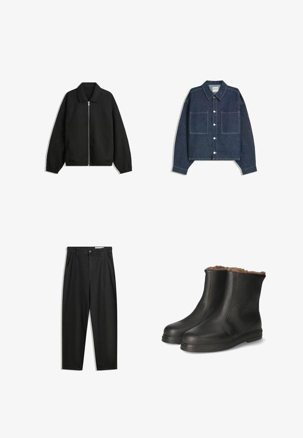 Czarna kurtka z teksturowanej tkaniny, z pełnym zamkiem z przodu, kołnierzem i elastycznymi mankietami, o luźnym kroju i kieszeniach po bokach.; Ciemnoniebieska, krótką kurtka dżinsowa z wysmukłym kołnierzem, dwoma przednimi kieszeniami i zapięciem na srebrny guzik. Posiada widoczne detale przeszycia.; Czarne bawełniane spodnie o luźnym kroju, z klasycznym pasem, przednimi plisy oraz bocznymi kieszeniami. Gładka struktura, bez wzorów.; Jomos Śniegowce