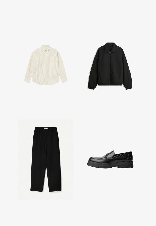 Schwarze Jacke aus strukturiertem Stoff, mit vollem Reißverschluss auf der Vorderseite, Kragen und elastischen Manschetten, im entspannten Schnitt und mit seitlichen Taschen.; Helle cremefarbene Hemdbluse mit dünnen vertikalen Streifen. Verfügt über einen spitzen Kragen, lange Ärmel und ein kleines gesticktes Logo auf der Brusttasche.; Schwarze, weit geschnittene Hose aus leichtem Stoff. Mit elastischem Bund und glatter Textur. Keine sichtbaren Muster oder Beschläge.; Schwarzer Lederloafer mit grobem, rutschfestem Sohlenprofil und dekorativem Riemen über der Oberseite, seitlich links auf weißem Hintergrund abgebildet.