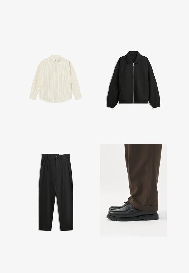Black jacket made of textured fabric, featuring a full front zip, collar, and elastic cuffs with a relaxed fit and side pockets.; Light cream button-up shirt with thin vertical stripes. Features a pointed collar, long sleeves, and a small embroidered logo on the chest pocket.; Black cotton trousers with a relaxed fit, featuring a classic waistband, front pleats, and side pockets. Smooth texture without patterns.; Black leather shoes with a rounded toe, laces, and a chunky rubber sole, paired with brown tailored trousers.