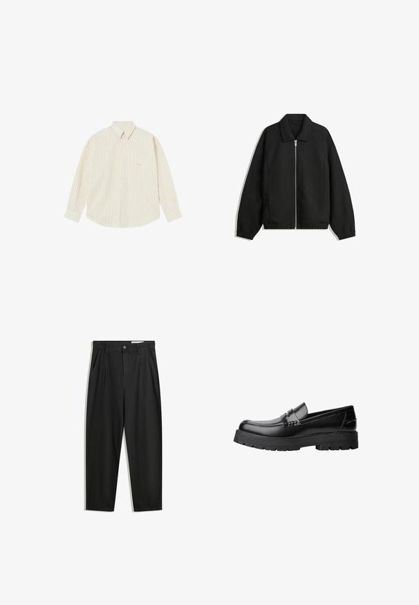 Zwarte jas van textuurstof, met een volledige rits aan de voorkant, een kraag, elastische manchetten, een ontspannen pasvorm en zijzakken.; Lichtcrème knoopshirt met dunne verticale strepen. Het heeft een puntige kraag, lange mouwen en een klein geborduurd logo op de borstzak.; Zwarte katoenen broeken met een losse pasvorm, voorzien van een klassieke tailleband, voorplooien en zijzakken. Gladde structuur zonder patronen.; Zwarte leren loafer met een chunky profielzool en een decoratieve band over de bovenkant, weergegeven in het linkerzijprofiel op een witte achtergrond.
