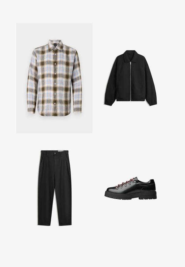 Černá bunda vyrobená z texturované látky, s plným předním zipem, límcem a elastickými manžetami, s volným střihem a bočními kapsami.; Károvaná košile s knoflíky v zelené, modré a krémové barvě, se klasickým límcem a dlouhými rukávy s kontrastními kůrovanými vzory a bílými knoflíky.; Černé bavlněné kalhoty s uvolněným střihem, klasickým pasem, předními záhyby a bočními kapsami. Hladká textura bez vzorů.; Černá kožená turistická bota s červenými a bílými tkaničkami, velkými očky a silnou podešví se vzorkem pro lepší přilnavost a stabilitu.