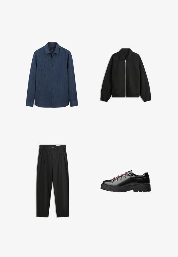 Sort jakke lavet af struktureret stof, med fuld frontlynlås, krave og elastiske mansjetter, i en afslappet pasform og sidelommer.; Blåstribet skjorte med knapper, krave, lange ærmer, sorte knapper og lige afslutning. Lavet af et letvægtigt stof med subtil tekstur.; Sorte bomuldsbukser med en afslappet pasform, der har en klassisk talje, frontfolder og sidelommer. Glat tekstur uden mønstre.; Sort læder vandresko med røde og hvide snørebånd, store øjer og en kraftig mellemsål for greb og stabilitet.