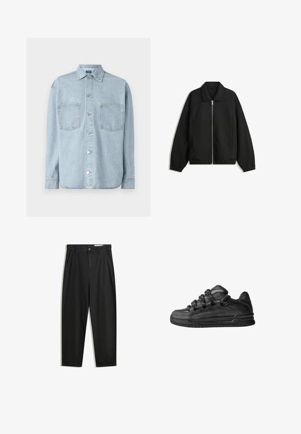 Jachetă neagră dintr-un material texturat, cu fermoar frontal complet, guler și manșete elastice, având o croială lejeră și buzunare laterale.; Cămașă din denim bleu deschis, cu mâneci lungi, închidere cu nasturi, două buzunare la piept și guler clasic. Material texturat cu tiv drept.; Pantaloni negri din bumbac cu croială lejeră, având un brâu clasic, plii frontale și buzunare laterale. Textură netedă fără modele.; Adidași negri cu o parte superioară din piele netedă, accente texturate și șireturi rotunde negre și albe. Talpă groasă din cauciuc cu un profil texturat.